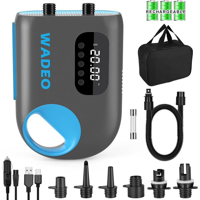 Електрична повітряна помпа SUP з акумулятором 18000mAh, WADEO 20 PSI, LED-ліхтар, швидка зарядка 110V/12V, автовимкнення, для SUP, човнів, каяків, наметів, матраців