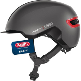 Велошолом ABUS HUD-Y Urban з магнітним LED-ліхтарем, магнітна застібка, для міста, для жінок і чоловіків, розмір L (57-61 см), титан/червоний