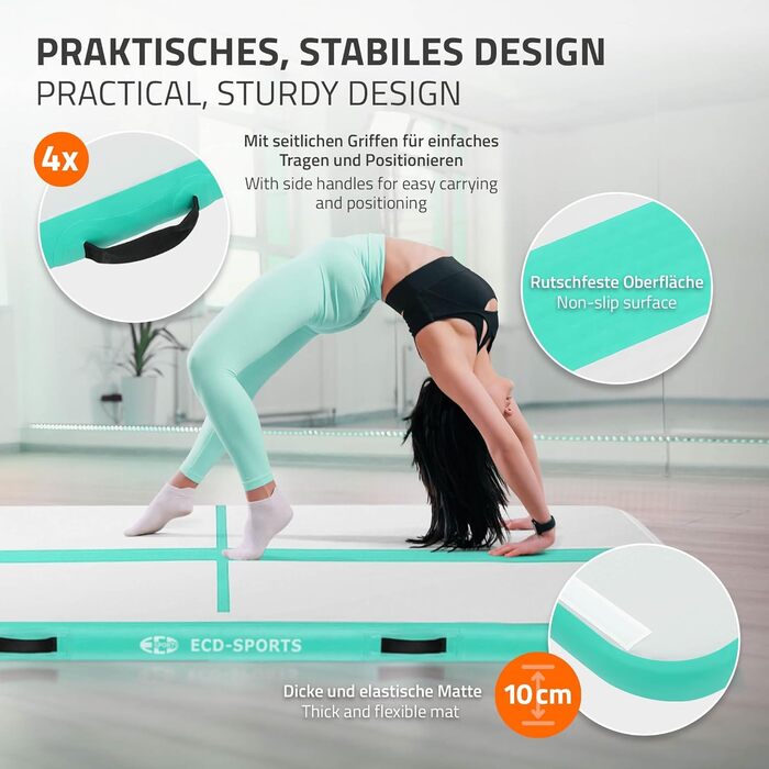 Надувний гімнастичний мат Airtrack ECD Germany для тамблінгу та фітнесу, 300 x 100 x 10 см, м'ятно-зелений (з електричним насосом та сумкою)