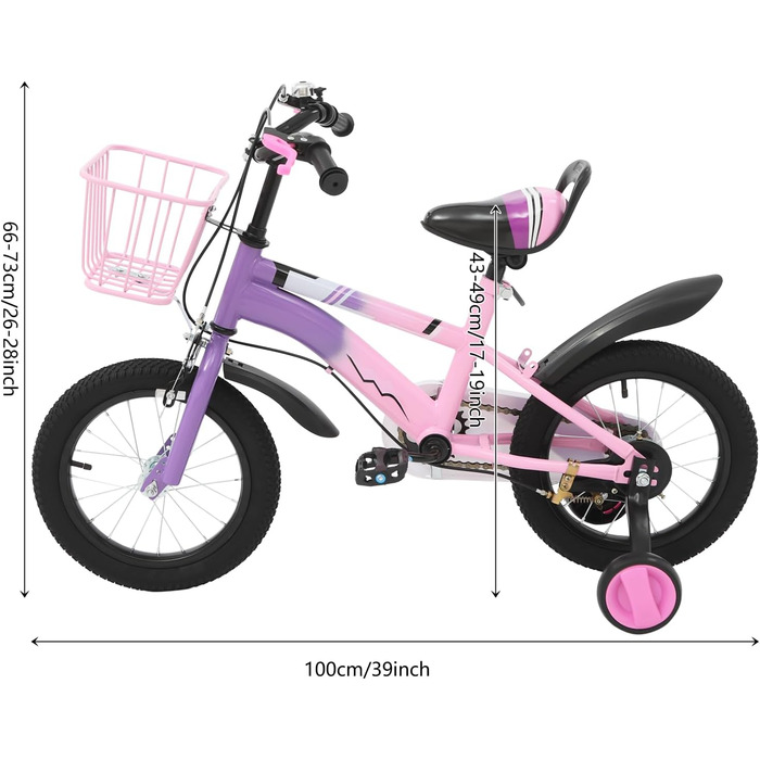 Дитяче велосипед 14 дюймів для хлопчиків та дівчаток з додатковими колесами та кошиком, від 3 років, з двома гальмами, регульоване сидіння та кермо, фіолетовий