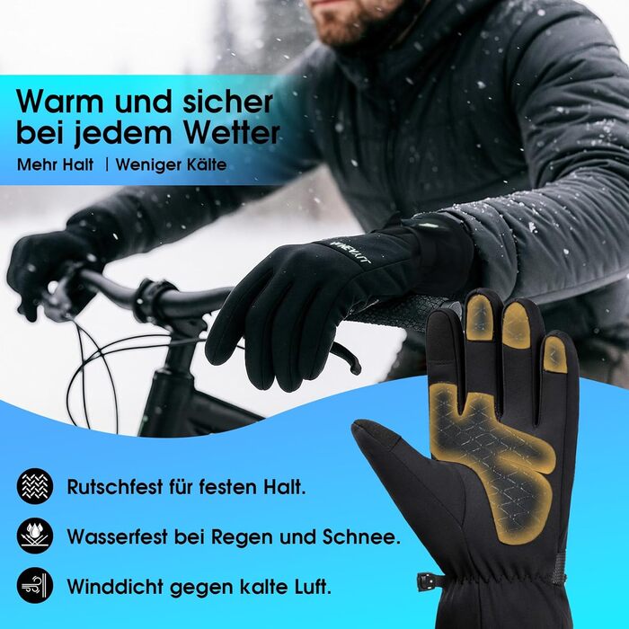 Зимові велосипедні рукавички для чоловіків та жінок, водонепроникні та вітронепроникні, з кишенею на блискавці та функцією сенсорного екрану, термо рукавички для MTB та шосейних велосипедів, чорні, XL
