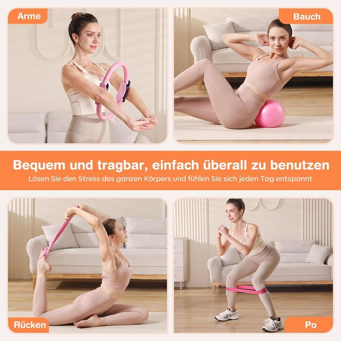 Набір для пілатесу 13 шт. для дому: кільце 13', м'яч 10' та еластичні стрічки. Комплект обладнання для пілатесу для жінок, початківців. Пілатес-стрічки та аксесуари (рожевий)