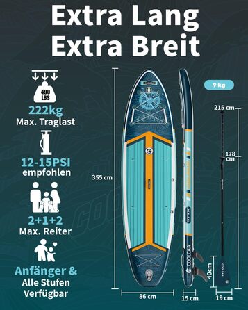 SUP дошка COOLCAA 355 см (Extra Large) надувна, з аксесуарами та сумкою для перенесення, вантажопідйомність 222 кг, для дорослих, для фішингу