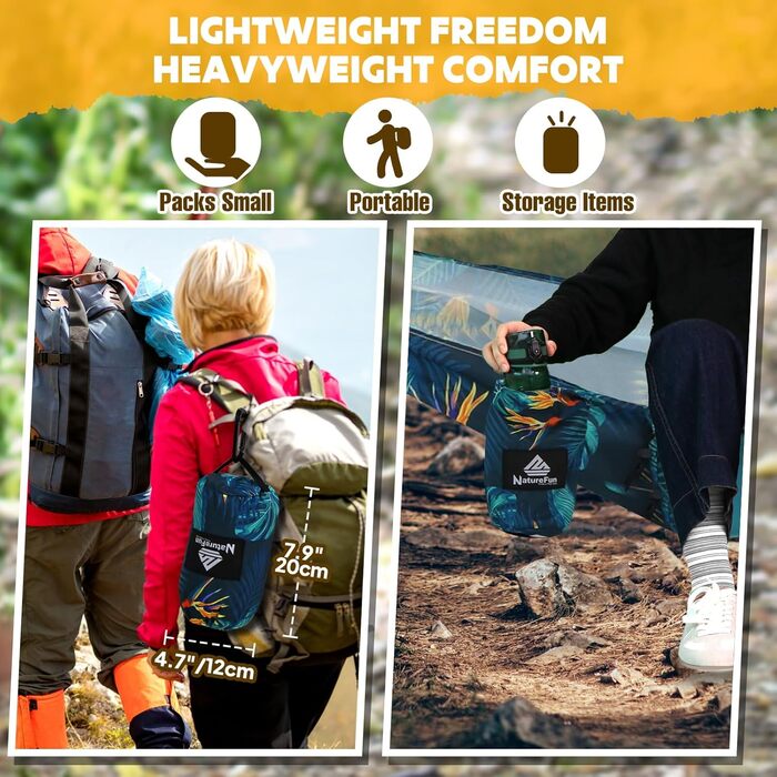 Гамак для кемпінгу NATUREFUN Ultraleicht | 300 кг, 275 x 140 см | Дихаючий, швидковисихаючий, нейлон | 2 карабіни, 2 петлі | Для відпочинку вдома, на природі, в саду