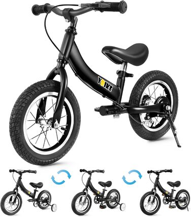 YBIKE 2-в-1: Біговел та дитяче велосипед, 12/14/16 дюймів, з гальмом та педалями, для дітей 1-7 років (Чорний, 16 дюймів)
