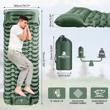 Каремат туристичний Isomatte Camping самонадувний, 12 см, водонепроникний, з насосом, для кемпінгу, пікніків, пляжу, походів (світло-зелений)