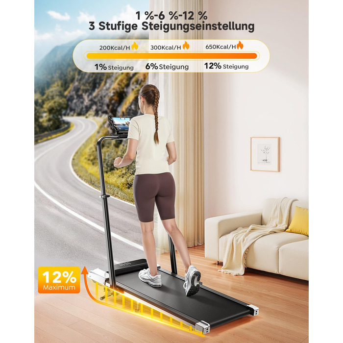 Біговий тренажер для дому з нахилом, 2 в 1, складний, 12 км/год, 2.5HP, під стіл, з пультом та додатком, чорний, нахил 12%