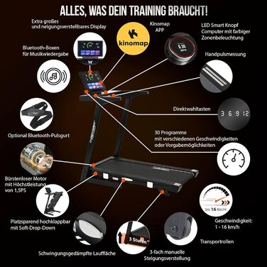 Бігова доріжка CHRISTOPEIT складана з амортизацією AntiShock, LED-дисплеєм та Bluetooth, сумісна з додатком - TM 5000S/4500S/4000S