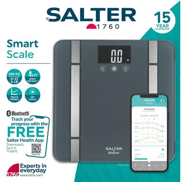 Ваги для ваги Salter SA00432FEU6 Bluetooth - ваги для тіла з пам'яттю на 8 користувачів, максимальна вантажопідйомність 200 кг, підключення до Salter Health App для моніторингу здоров'я та фітнесу (Сірий)