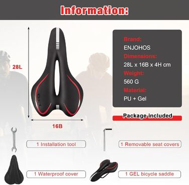 Велосипедне сідло ENJOHOS, водонепроникне, PU, для гірського, трекінгового, туристичного та шосейного велосипедів (червоне гелеве)