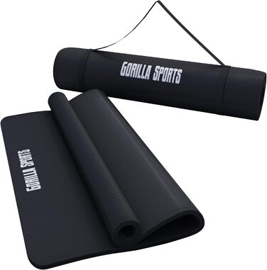 Йога мат GORILLA SPORTS® 190x100x1,5 см з ручним ременем, не містить фталатів, антиковзаюча, чорна. Підходить для фітнесу, гімнастики та тренувань