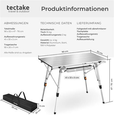 Складаний туристичний стіл Tectake® 90 x 52 см, алюміній, сірий (сільвер)