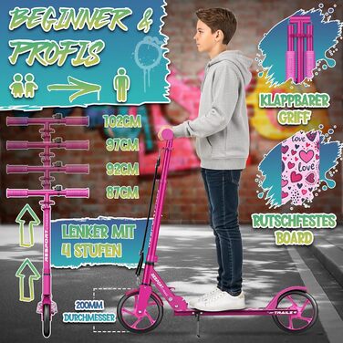 Дитячий та дорослий трюковий самокат Cityroller з дзвіночком та ремінним ременем | Регульована висота та складаний, до 100 кг | Самокат з великими колесами, рожевий