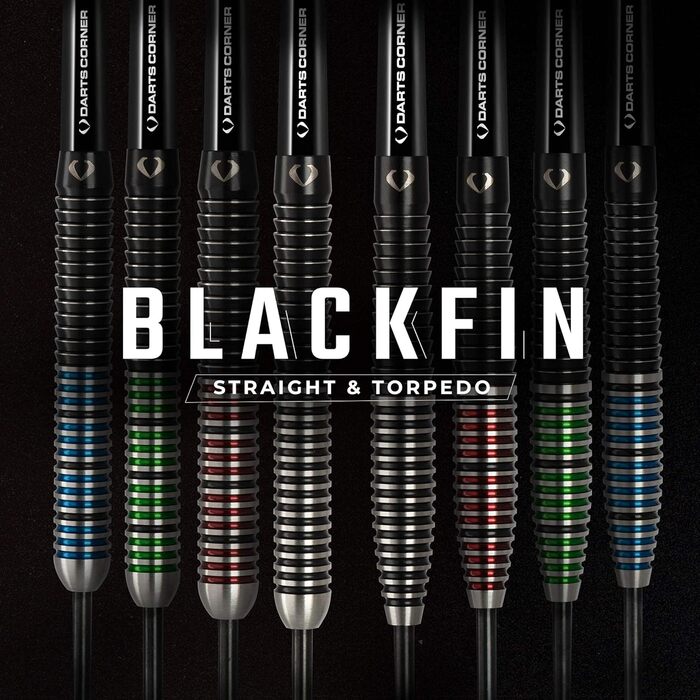 Набір дротиків Darts Corner BlackFin з високоякісного 90% вольфраму, прямий стальний стрижень, 6 оперень, 6 стрижнів, карта Checkout і футляр, 22 г, 24 г, 26 г