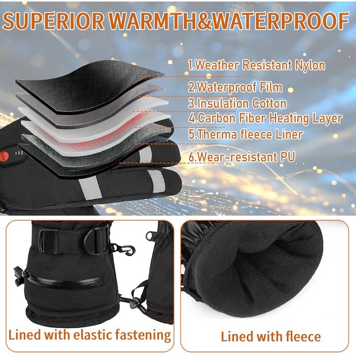 Електричні гріючі рукавички для чоловіків та жінок, 7.4V 5000mAh/6000mAh, сенсорний екран, 3 режими, 45/50/55°C, антиковзкі, для катання на велосипеді, лижах, кемпінгу (чорний, 6000mAh)