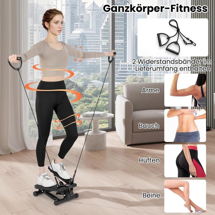 Міні степер GYMAX для дому з тросами, LCD-дисплеєм та регулюванням висоти, до 100 кг, чорний