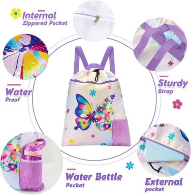 Спортивна сумка WAWSAM для гімнастики з шнурком - 38 × 45 см. Дитяча водонепроникна сумка для плавання, пляжу, покупок (Метелик)