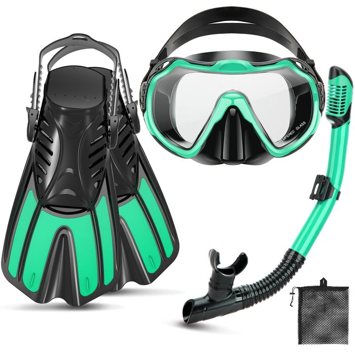 Набір для снорклінгу для дорослих 4 в 1: маска, ласти, трубка, сумка. Панорамний огляд, антизапітніння, dry top трубка, трекінгові ласти. Колір: блакитний, розмір: L-XXL