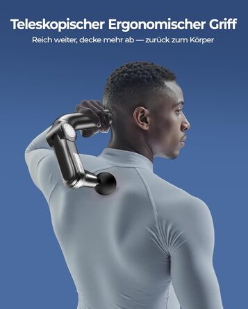 Масажер для тіла KingPavonini з висувним руків'ям та відкидним голівкою: масажна пістолета для спини з 3 кутами налаштування та 4 насадками, подарунок для чоловіків та жінок (сірий)