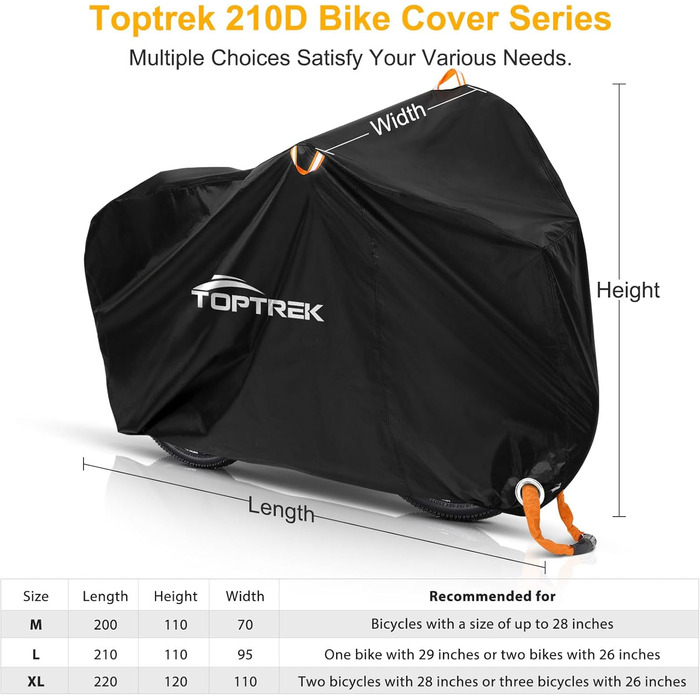 Чохол для велосипедів Toptrek на 2 велосипеда, водовідштовхувальний, 210D Oxford, 210 x 110 x 95 см, з кільцями для замка, захист від сонця, міцний, з сумкою