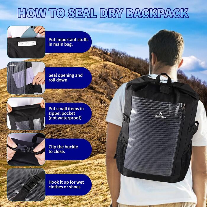 Водонепроникний рюкзак Seesack Rolltop з кишенею для телефону, 25L, для плавання, каякінгу, рафтингу, пляжу, чоловічий/жіночий (чорний)