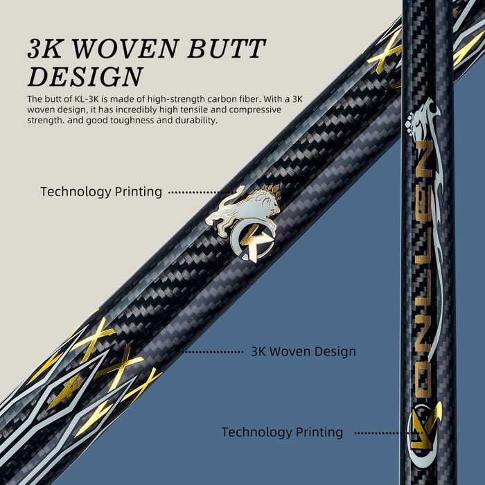 KONLLEN Billardqueue з вуглецевого волокна, 58 дюймів, професійний більярдний кий для дорослих, технологія Vollcarbon, мінімальний відгін, наконечник 12.5 мм (Pro Taper, ультрагладкий) KL-3K