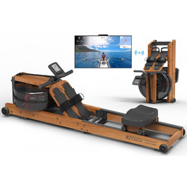 Гребний тренажер Kitopa з водою, дерев'яний, для дому, складаний, з Kinomap (30 днів), максимальна висота користувача 2м, вага до 160кг, Bluetooth, дисплей, регульований тримач для телефону, коричневий
