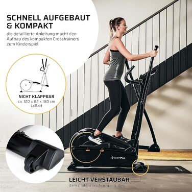 Еліптичний тренажер SportPlus для дому - тихий крос-тренажер з магнітним опором та комп'ютером - компактний та щадячий для суглобів з 24 рівнями опору - до 150 кг, чорний/сонячний (сумісний з додатком & новий дизайн)