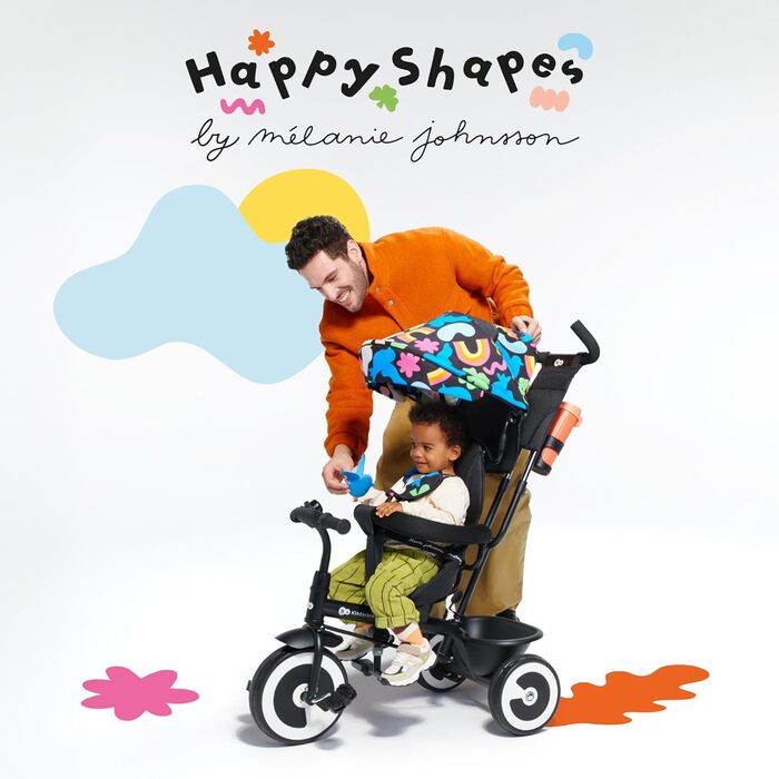 Триколісний велосипед Kinderkraft ASTON для дітей від 9 місяців до 25 кг з батьківською ручкою, поворотним сидінням, сонцезахисним козирком, корзиною та тримачем для напоїв (Happy Shapes, Single)
