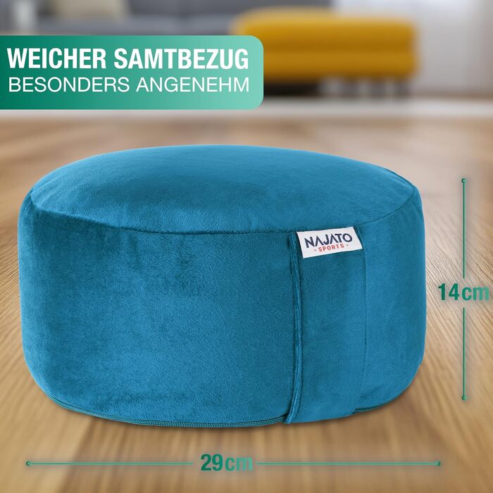 Йога подушка для медитації – Кругла подушка для йоги з наповнювачем з лушпини гречаної – Діаметр 30 см, висота 23 см, змивний оксамитовий чохол (Petrol)