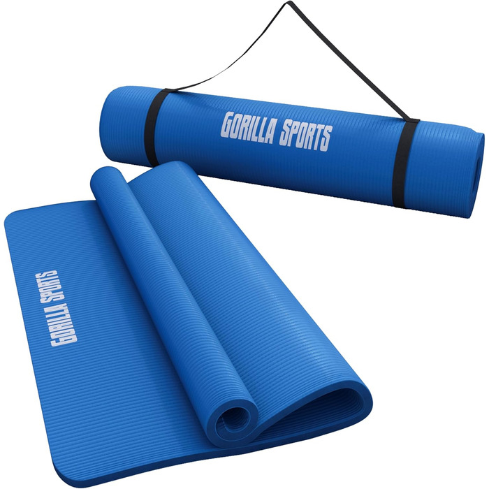 Килимок для йоги та фітнесу GORILLA SPORTS 190x100x1,5 см, королівський синій, нековзний, без фталатів, з ременем для перенесення