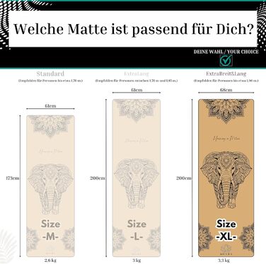 Кікура Йога-мат з корку та натурального каучуку з мотивом слона – Нековзна преміум-мат, 4 мм, з ремінком – Екологічна, 3 розміри (M, L, XL), XL - 200x68x0,4 см