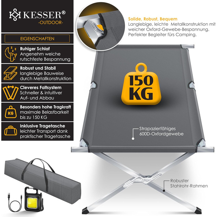 Кемпінгове ліжко KESSER® розкладне з сумкою, ліхтарем та кишенею, 210 см, до 150 кг, сталеве, Oxford 600D