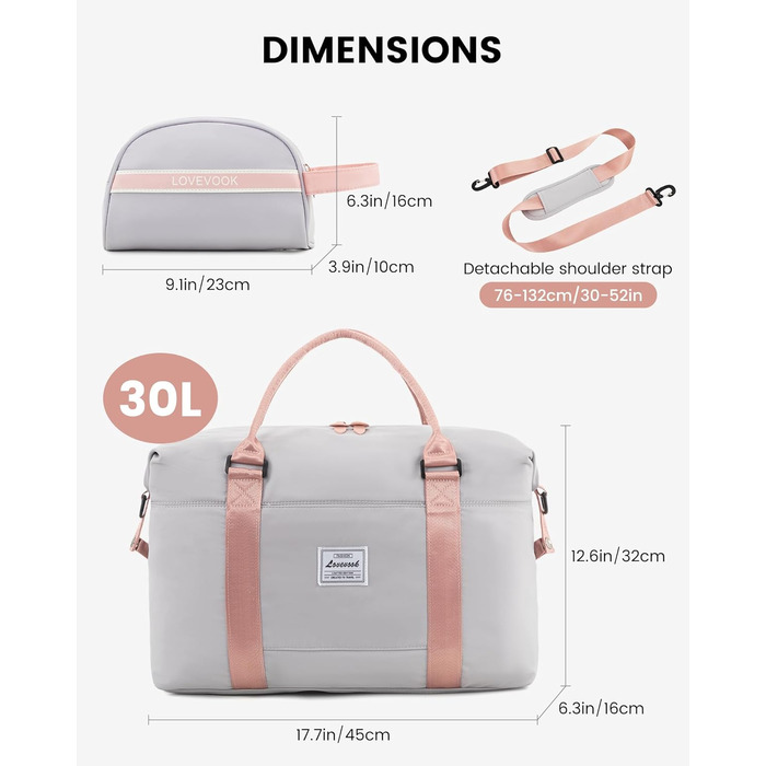 Спортивна сумка LOVEVOOK для жінок: водонепроникна дорожня сумка-мішок, 30L, сіра + рожевий ремінець