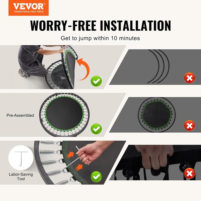 Міні-батут VEVOR 132 см для фітнесу та рекреації з регульованою ручкою та 40 пружинами