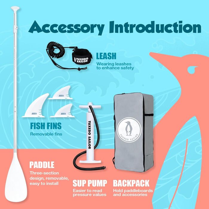 Надувне SUP-борд Tuxedo Sailor з аксесуарами, для дорослих та підлітків, блакитний та жовтий (блакитний та рожевий)