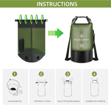 Водонепроникний мішок-сумок Dry Sack 20 л Roll-Top від GES, з кишенею для телефону, для каякінгу, човнів, походів, каное, рафтингу, плавання, кемпінгу та риболовлі (армійний зелений)