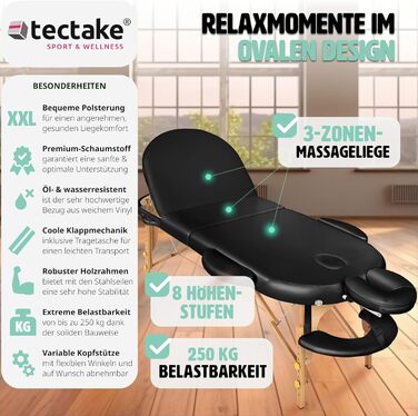 Мобільний масажний стіл tectake, овальний, 3-зонний, складаний, регульований по висоті, з товстою оббивкою, вініловий, з підголівником і підлокітниками, у комплекті сумка для транспортування, чорний
