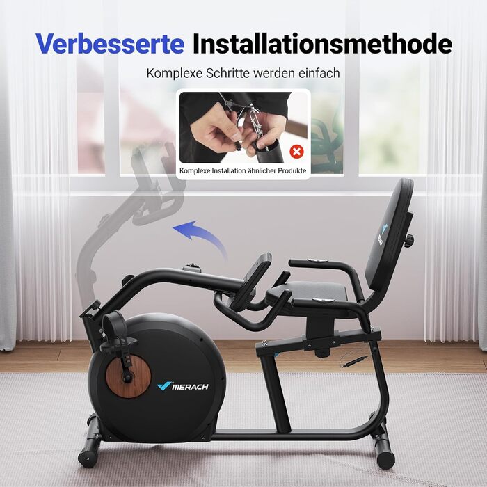 Велотренажер MERACH Liegeergometer для дому з 8 рівнями регулювання опору, Bluetooth, LCD-дисплеєм, датчиками пульсу та регульованою спинкою, чорний