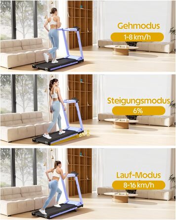 Lacuffy Біговий тренажер для дому, складаний, Walking Pad з нахилом 6%, велика площа для бігу 112 * 42 см, вантажопідйомність 158 кг, для високих людей (Синьо-Чорний)