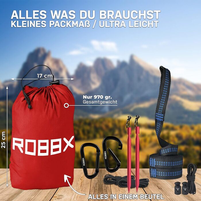 Гамак для відпочинку на відкритому повітрі ROBBX® з москітною сіткою на 2 особи | Максимальне навантаження 300 кг | Подвійний гамак з комплектом кріплень | Нейлоновий гамак для кемпінгу та подорожей | 290x140 см (Червоний)