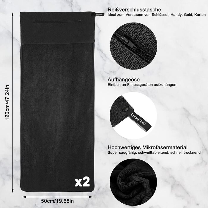 Рушники з мікрофібри Liamerhe 120x50 см (2 шт.) з кишенею на блискавці та антиковзаючою фіксацією - для фітнесу, тренажерного залу, чоловікам та жінкам