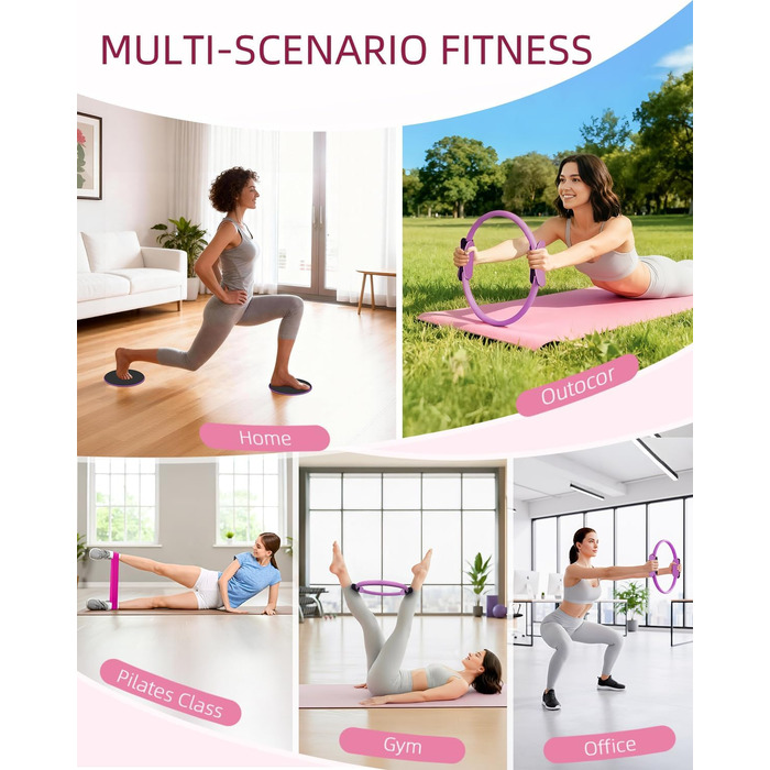 Набір для пілатесу Abahub: кільце 35см, м'яч 25см, 5 еластичних стрічок, шкарпетки для йоги, ковзаючі диски. Для жінок, домашні тренування, сила, гнучкість, стабільність та підтяжка тіла (фіолетовий)