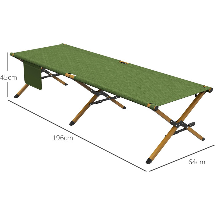 Розкладне ліжко для кемпінгу Outsunny - 196x64x45 см, до 200 кг, темно-зелене. Ідеально для відпочинку на природі, вдома та в саду.