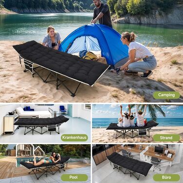 Розкладне ліжко Warmiehomy XXL з матрацом для дорослих, гостьове ліжко, широке та міцне, для кемпінгу, відпочинку, офісу, саду, сіре (чорне), з матрацом