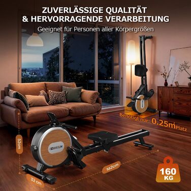 DMASUN Ручний тренажер для дому з магнітним опором, подвійними направляючими, підключенням до APP, 16 рівнів опору, LCD-дисплеєм, для кардіотренувань, до 160 кг, 32-рівнева електрична настройка (мережевий адаптер), дизайн під дерево