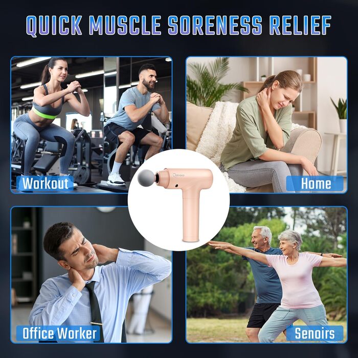 Масажер для м'язів з підігрівом, електричний масажний пістолет з LED-екраном, 20 швидкостей, 10 насадок, сумка, тихий (рожевий)