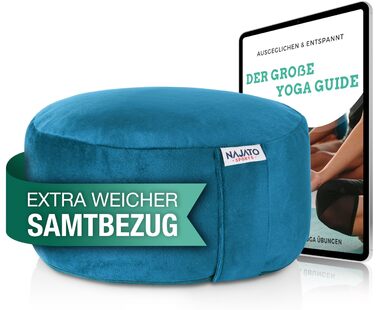 Йога подушка для медитації – Кругла подушка для йоги з наповнювачем з лушпини гречаної – Діаметр 30 см, висота 23 см, змивний оксамитовий чохол (Petrol)