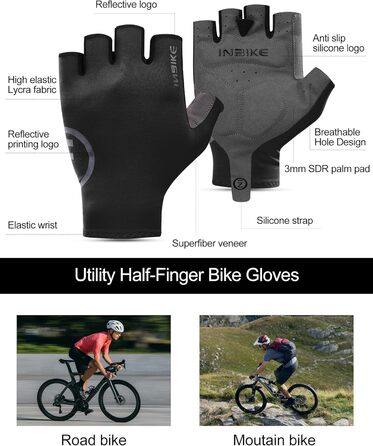 Велосипедні рукавички INBIKE літні напівпальцеві дихаючі, з еластичністю, для шосе та MTB, 3 мм SDR, антиковзаючі, з світловідбиваючими елементами, чорні, чоловічі/жіночі