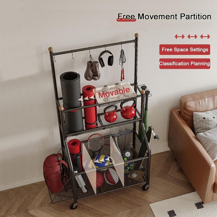 Стенд для зберігання тренувального обладнання: килимки для йоги, гантелі, штанги. З колесами та гаками. Чорний.